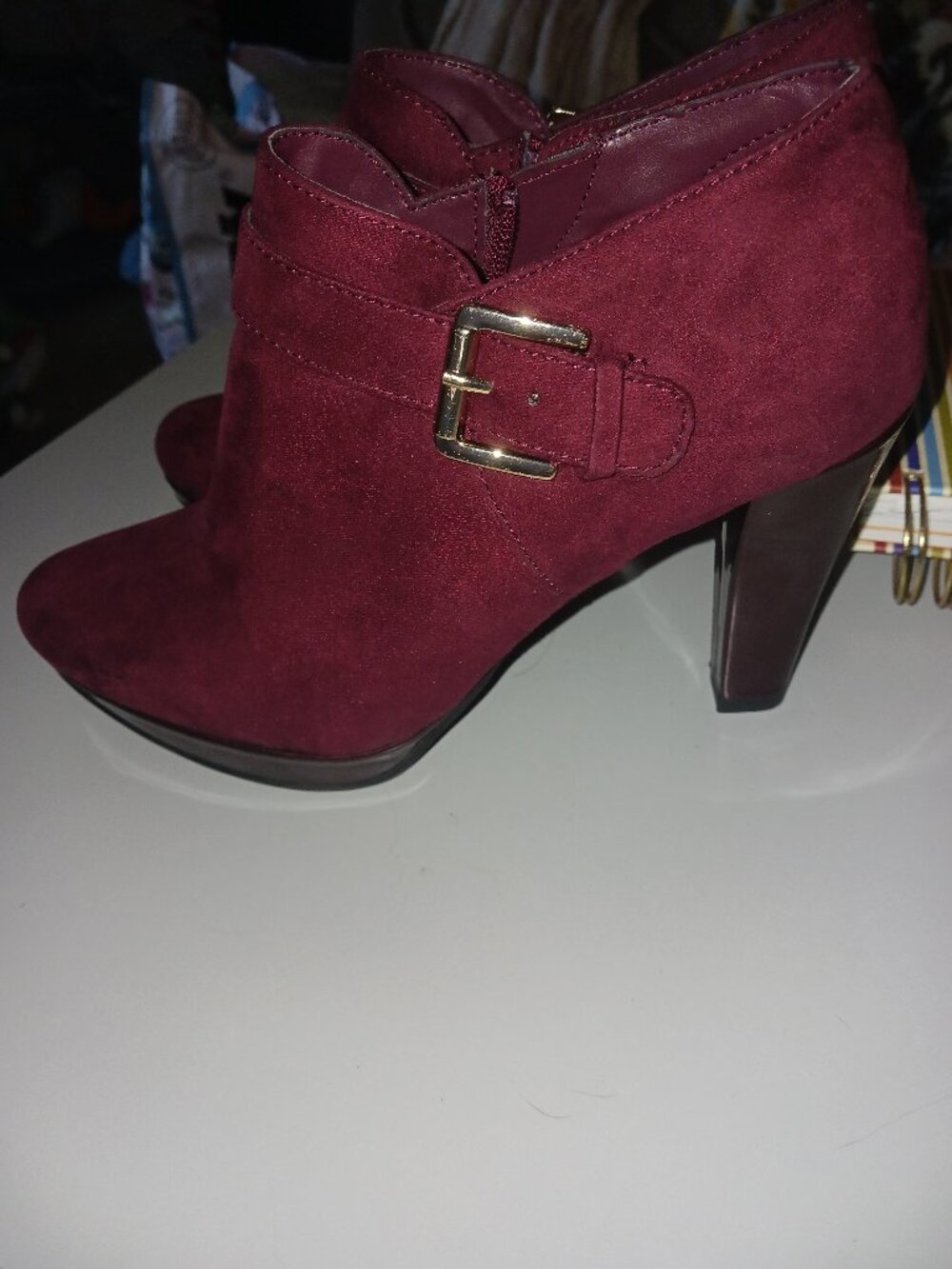 rst5th Burgundy Suede Ankle Booties Women's Size 6 Gold Buckle Heels